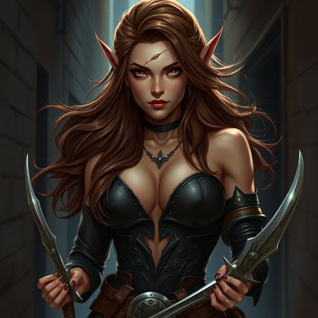 A 25-year-old seductive female tiefling rogue, characterized by her striking appearance with big, flowing brown hair that cascades around her shoulders, and captivating light brown eyes that exude confidence and allure