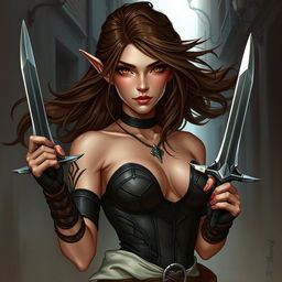 A 25-year-old seductive female tiefling rogue, characterized by her striking appearance with big, flowing brown hair that cascades around her shoulders, and captivating light brown eyes that exude confidence and allure