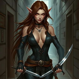 A 25-year-old seductive female tiefling rogue, characterized by her striking appearance with big, flowing brown hair that cascades around her shoulders, and captivating light brown eyes that exude confidence and allure