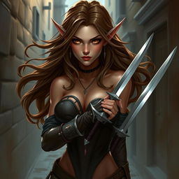 A 25-year-old seductive female tiefling rogue, characterized by her striking appearance with big, flowing brown hair that cascades around her shoulders, and captivating light brown eyes that exude confidence and allure