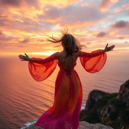 A young woman standing on the edge of a scenic cliff, the wind blowing through her hair, wearing a flowing, vibrant dress that billows around her