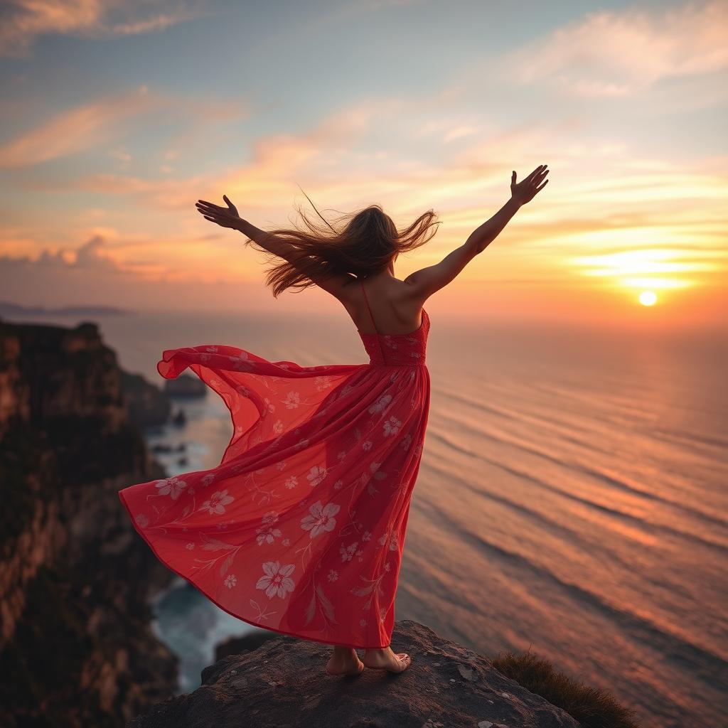 A young woman standing on the edge of a scenic cliff, the wind blowing through her hair, wearing a flowing, vibrant dress that billows around her