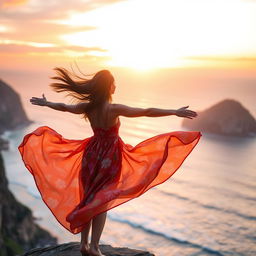 A young woman standing on the edge of a scenic cliff, the wind blowing through her hair, wearing a flowing, vibrant dress that billows around her