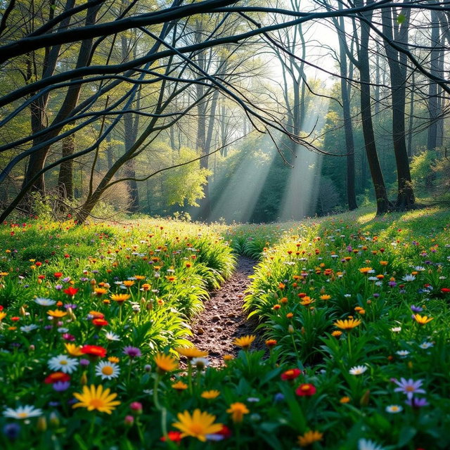 A serene forest scene featuring three deer gracefully grazing among a vibrant meadow filled with a variety of colorful wildflowers