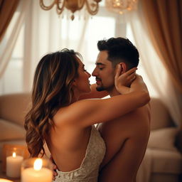 A sensual scene depicting intimate connection and passion between two consenting adults in a romantic setting