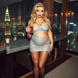 Full length, head to toe photograph of an alluring young woman with a thick, curvy figure, embodying a mix of beauty and vulnerability