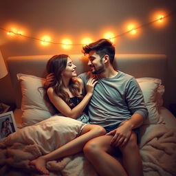 A romantic scene depicting an intimate moment between a young couple in a softly lit room