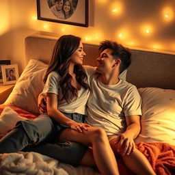 A romantic scene depicting an intimate moment between a young couple in a softly lit room