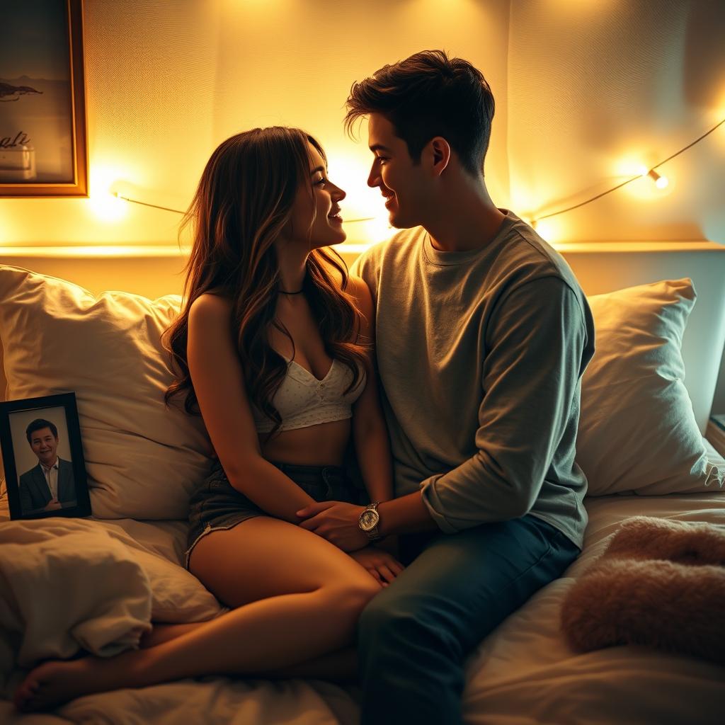 A romantic scene depicting an intimate moment between a young couple in a softly lit room