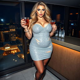 Full length, head to toe photograph of an attractive young woman with a thick, curvy figure that radiates both allure and surprise