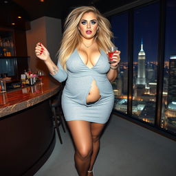Full length, head to toe photograph of an attractive young woman with a thick, curvy figure, projecting a mix of glamour and surprise