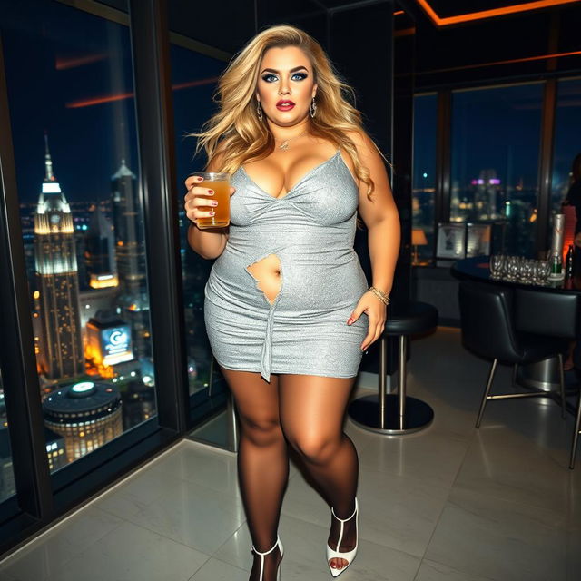 Full length, head to toe photograph of an attractive young woman with a thick, curvy figure, projecting a mix of glamour and surprise