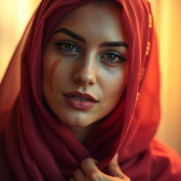 A sensuous depiction of a beautiful woman wearing a colorful hijab, her skin glistening with a touch of sheen