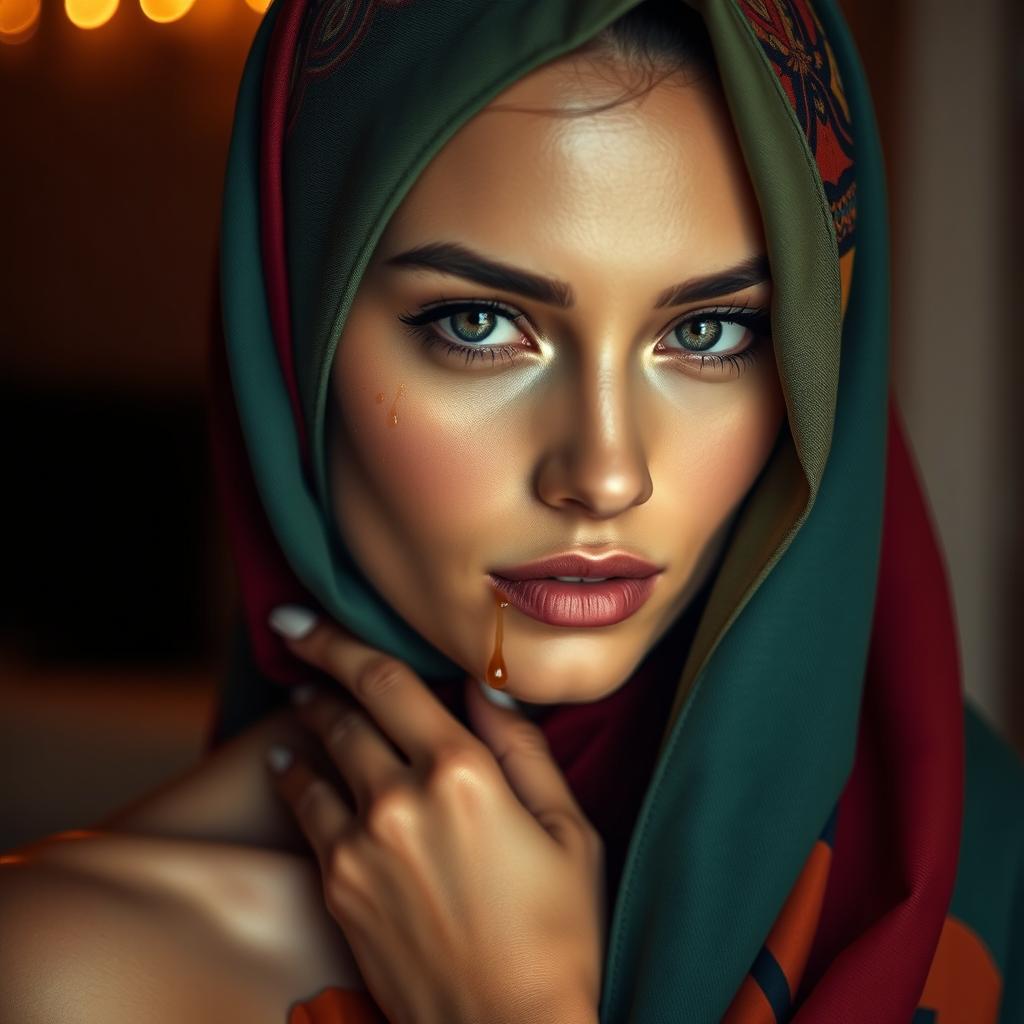 A sensuous depiction of a beautiful woman wearing a colorful hijab, her skin glistening with a touch of sheen