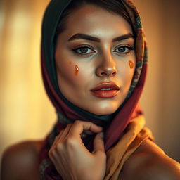 A sensuous depiction of a beautiful woman wearing a colorful hijab, her skin glistening with a touch of sheen