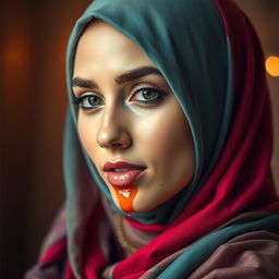 A sensuous depiction of a beautiful woman wearing a colorful hijab, her skin glistening with a touch of sheen