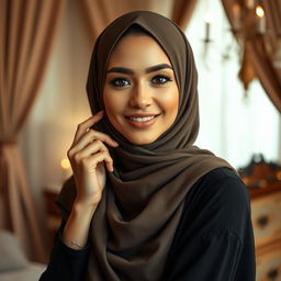 A sensual scene featuring a beautiful woman wearing an exquisite hijab, exuding allure and confidence