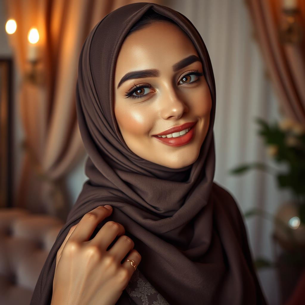A sensual scene featuring a beautiful woman wearing an exquisite hijab, exuding allure and confidence