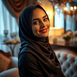 A sensual scene featuring a beautiful woman wearing an exquisite hijab, exuding allure and confidence