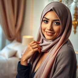 A sensual scene featuring a beautiful woman wearing an exquisite hijab, exuding allure and confidence
