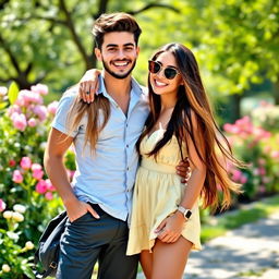 A vibrant and cheerful scene featuring a hot girl with long flowing hair and a fashionable outfit, smiling joyfully while posing closely with her boyfriend, who has stylish hair and a casual, trendy look