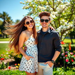A vibrant and cheerful scene featuring a hot girl with long flowing hair and a fashionable outfit, smiling joyfully while posing closely with her boyfriend, who has stylish hair and a casual, trendy look