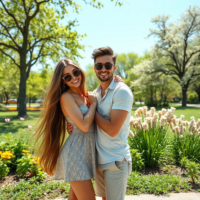 A vibrant and cheerful scene featuring a hot girl with long flowing hair and a fashionable outfit, smiling joyfully while posing closely with her boyfriend, who has stylish hair and a casual, trendy look