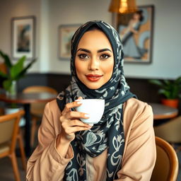 A stylish woman wearing a beautifully patterned hijab, sitting in a contemporary café, sipping on her coffee