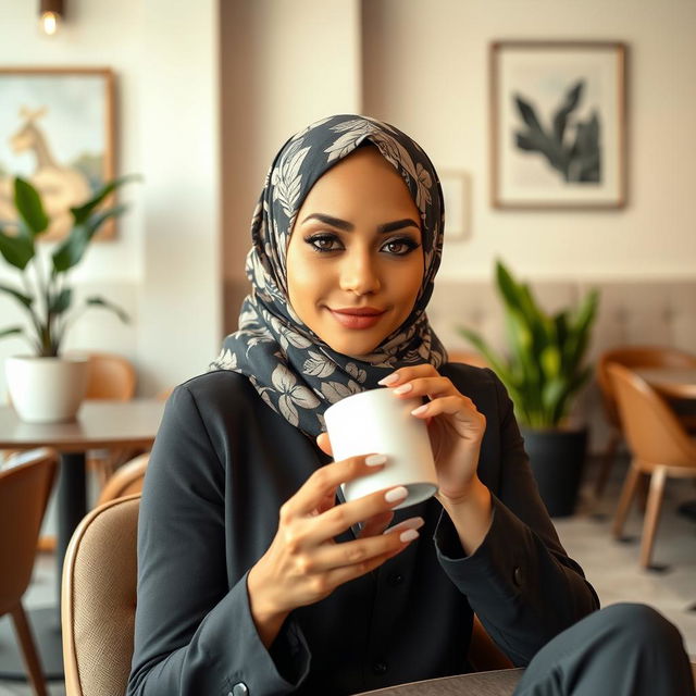 A stylish woman wearing a beautifully patterned hijab, sitting in a contemporary café, sipping on her coffee