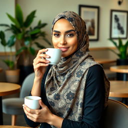 A stylish woman wearing a beautifully patterned hijab, sitting in a contemporary café, sipping on her coffee