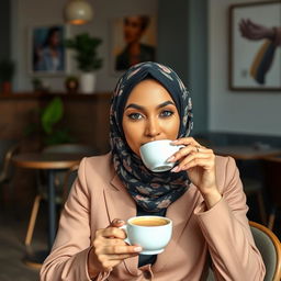 A stylish woman wearing a beautifully patterned hijab, sitting in a contemporary café, sipping on her coffee