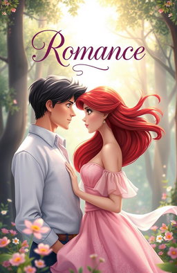 An enchanting animated cover for a Romance novel, featuring a couple in a beautiful forest setting