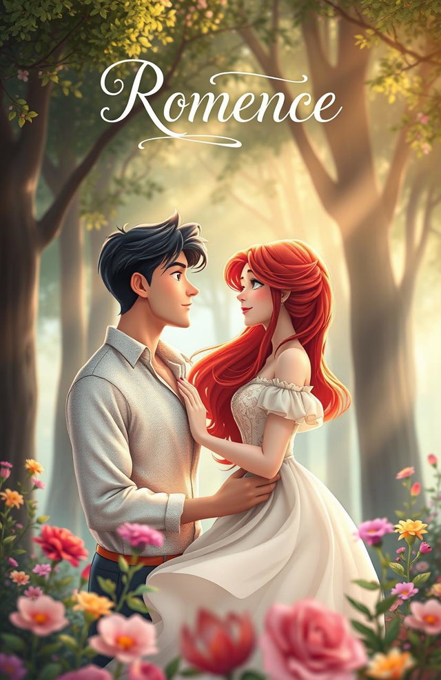 An enchanting animated cover for a Romance novel, featuring a couple in a beautiful forest setting