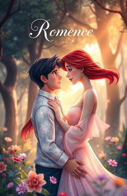 An enchanting animated cover for a Romance novel, featuring a couple in a beautiful forest setting