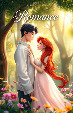 An enchanting animated cover for a Romance novel, featuring a couple in a beautiful forest setting