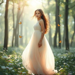 A beautiful, ethereal scene depicting the journey of a young woman on her path to self-discovery and freedom