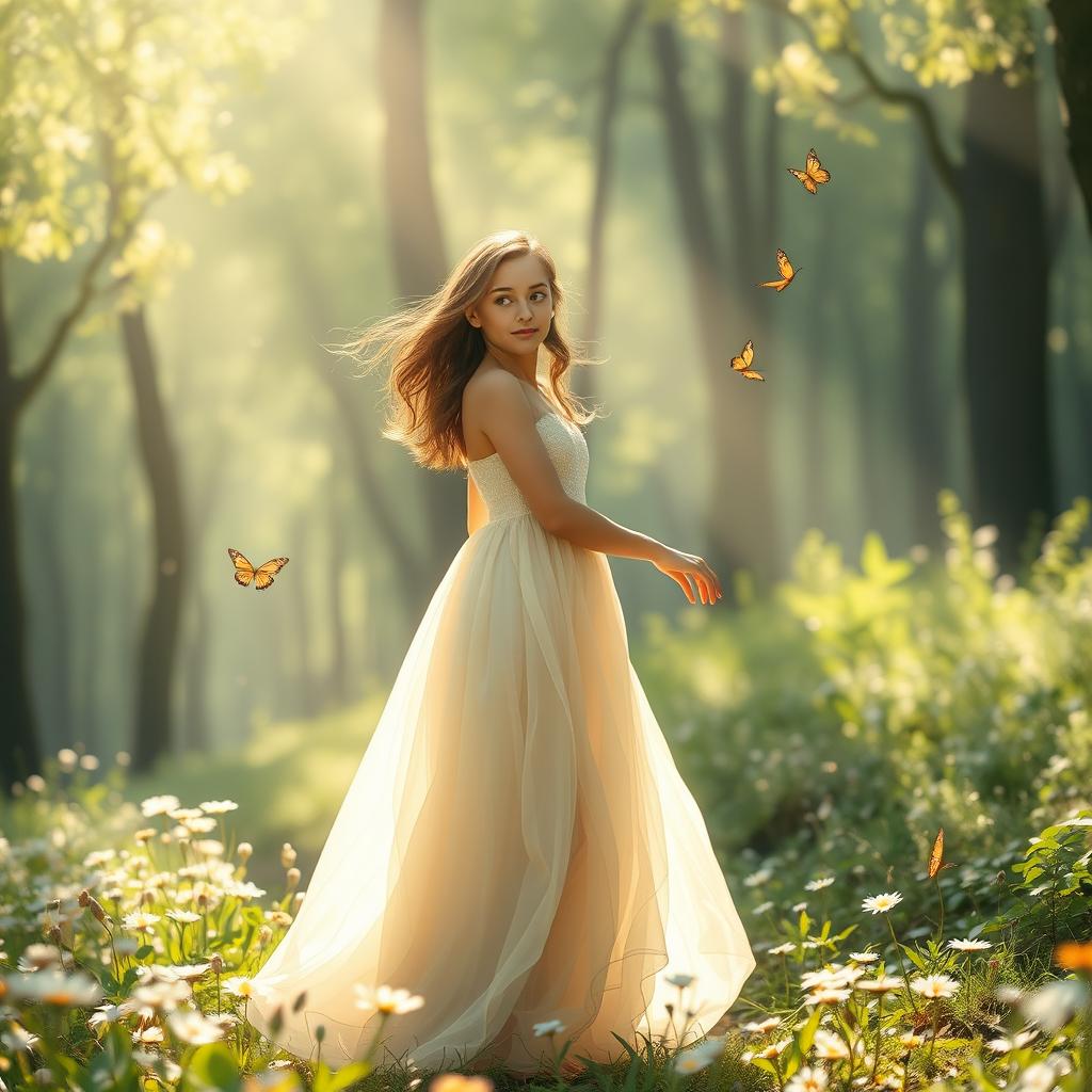 A beautiful, ethereal scene depicting the journey of a young woman on her path to self-discovery and freedom