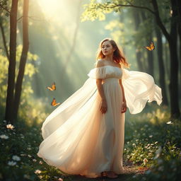 A beautiful, ethereal scene depicting the journey of a young woman on her path to self-discovery and freedom