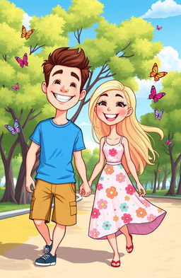 A vibrant cartoon image featuring a cheerful man and woman in a playful, sunny park setting