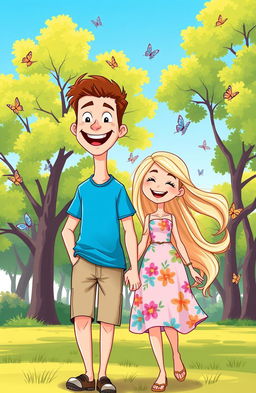A vibrant cartoon image featuring a cheerful man and woman in a playful, sunny park setting