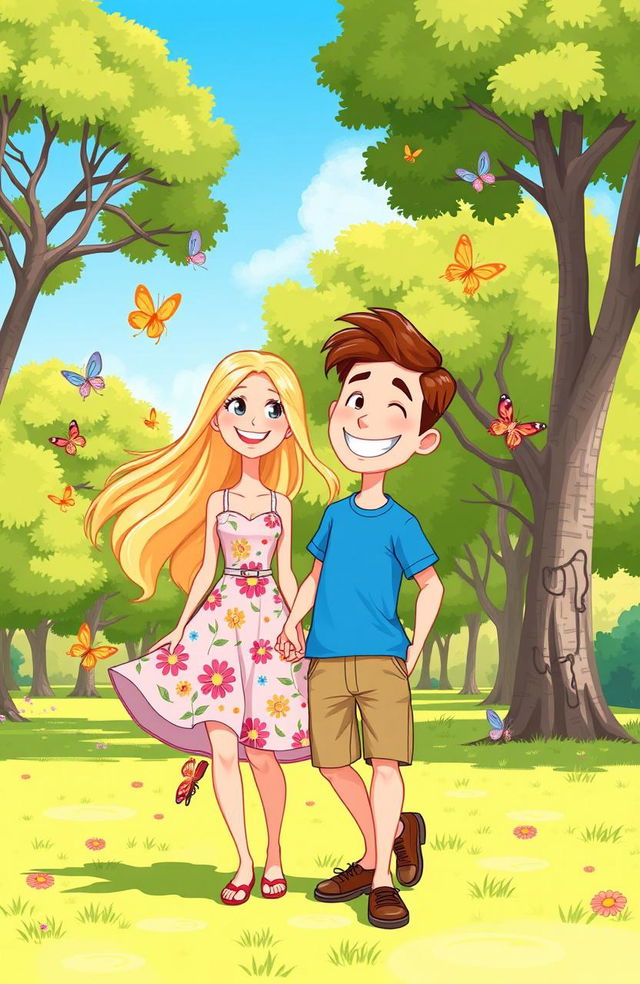 A vibrant cartoon image featuring a cheerful man and woman in a playful, sunny park setting