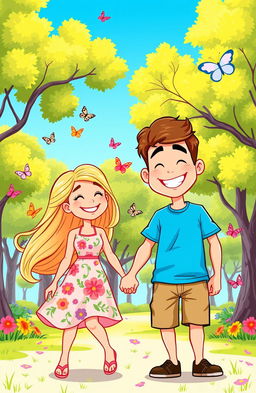 A vibrant cartoon image featuring a cheerful man and woman in a playful, sunny park setting