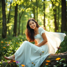A young woman sitting gracefully on a log in a lush green forest