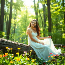 A young woman sitting gracefully on a log in a lush green forest