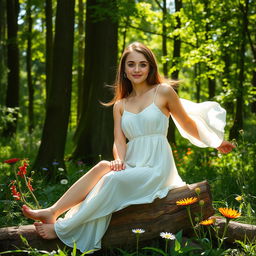 A young woman sitting gracefully on a log in a lush green forest