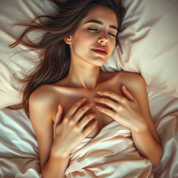 A close-up artistic representation of a sensual yet tasteful scene showing a beautiful young woman with long flowing hair, lying on a soft bed with luxurious satin sheets, surrounded by soft pillows