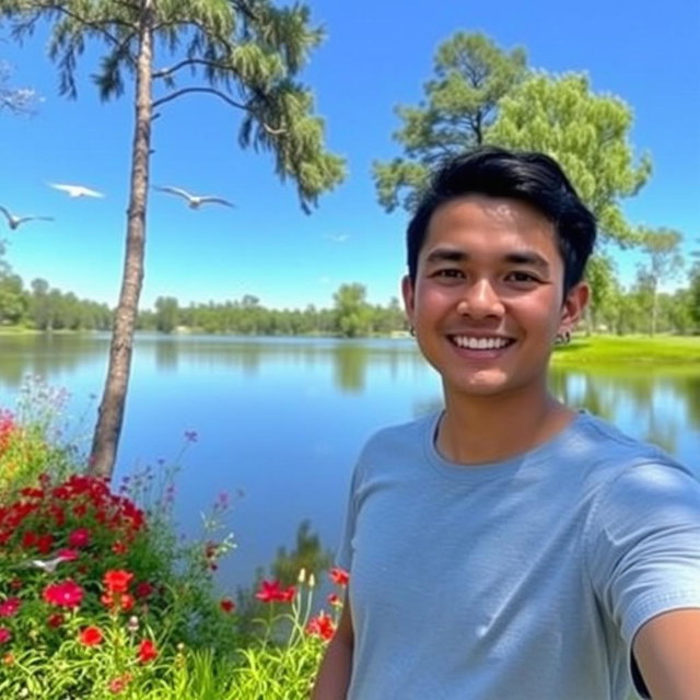 A beautiful and serene outdoor landscape featuring a tranquil lake surrounded by tall trees and vibrant flowers