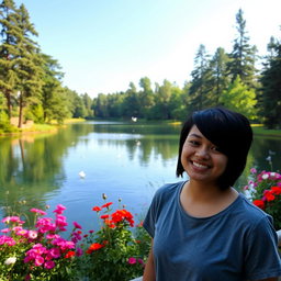 A beautiful and serene outdoor landscape featuring a tranquil lake surrounded by tall trees and vibrant flowers