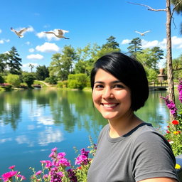 A beautiful and serene outdoor landscape featuring a tranquil lake surrounded by tall trees and vibrant flowers