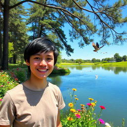 A beautiful and serene outdoor landscape featuring a tranquil lake surrounded by tall trees and vibrant flowers